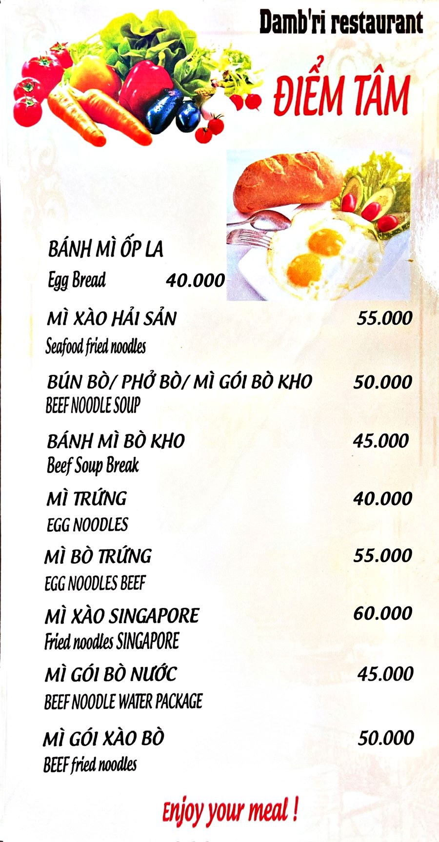 Bảng Giá Menu Alacarte 2025